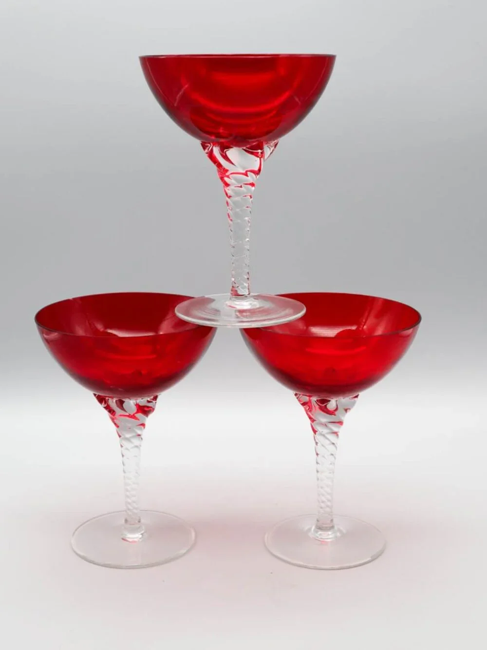 Vintage Ruby Red Crystal Champagne Coupe Cocktail Glasses Twisted Stem Art Deco